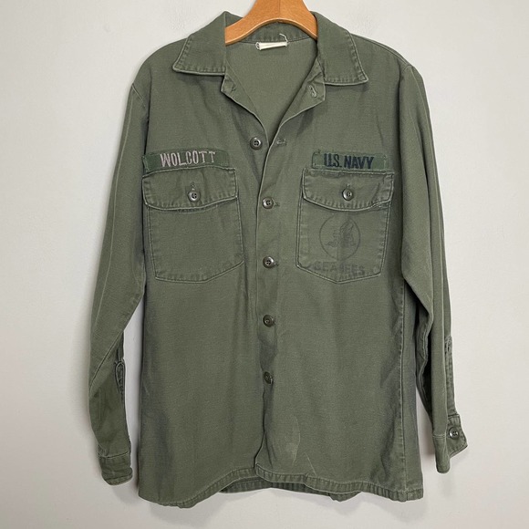 US Navy Other - US Navy Seabees Long Sleeve Collared Button Down Shirt Green Embroidered 15.5